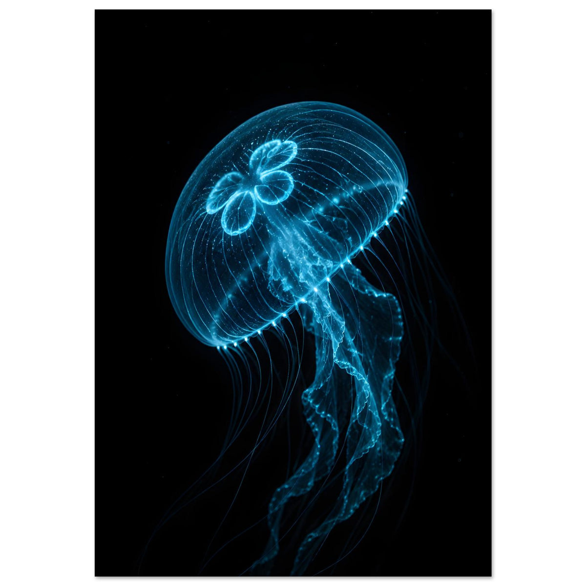 Blau leuchtende transparente Qualle auf schwarzem Hintergrund – Jellyfish Deep Sea Wall Art