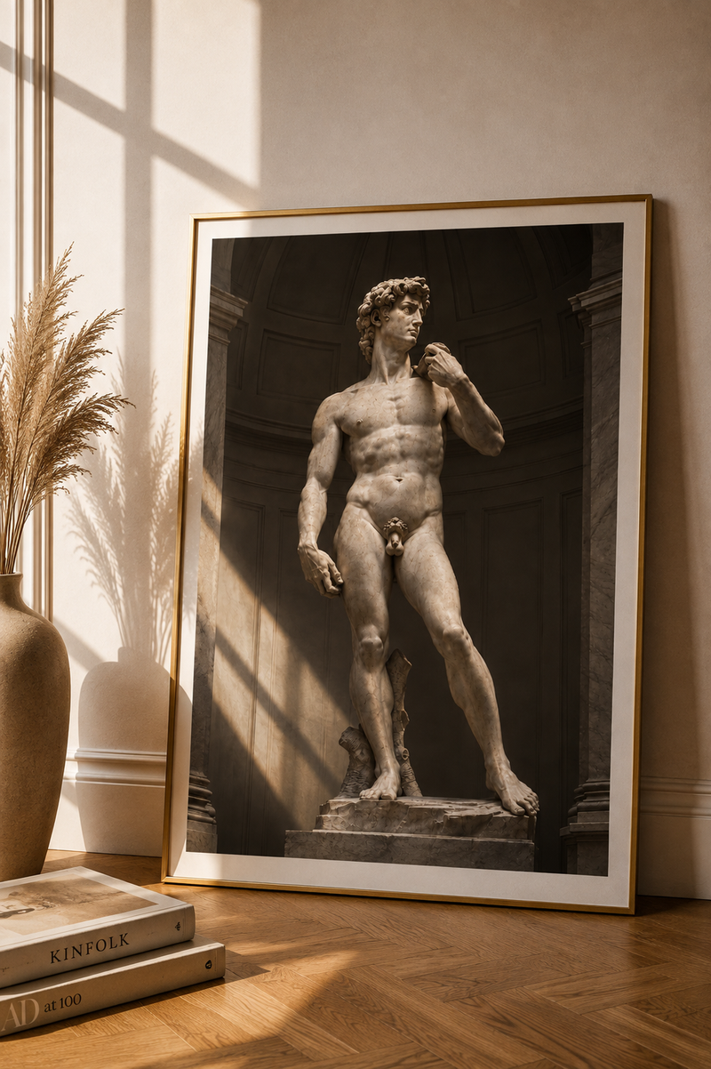 Michelangelo David Poster und Leinwand – berühmte Renaissance Skulptur in warmer klassischer Marmoroptik