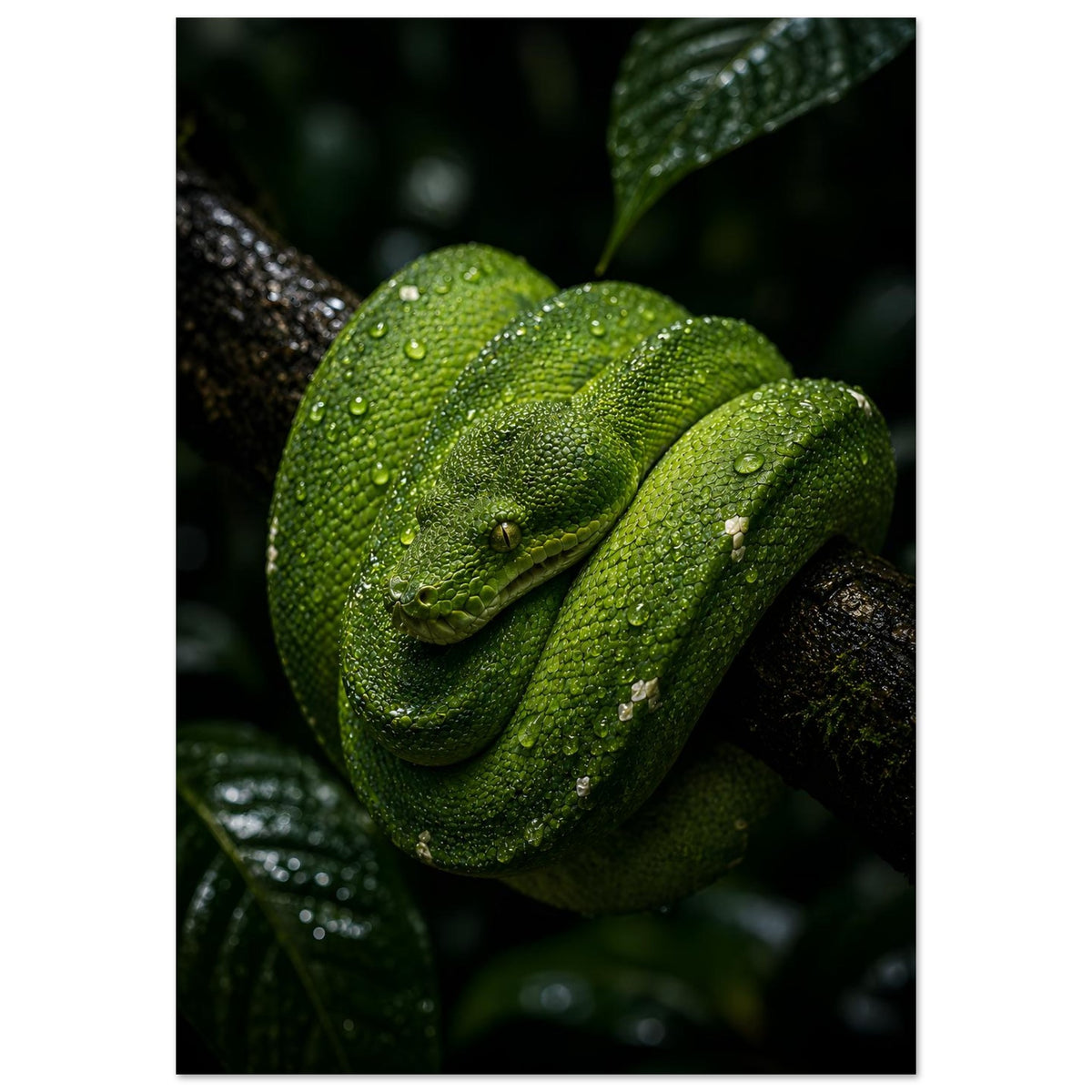 Grüne Schlange zusammengerollt auf einem Ast im Dschungel – Snake Wall Art Poster