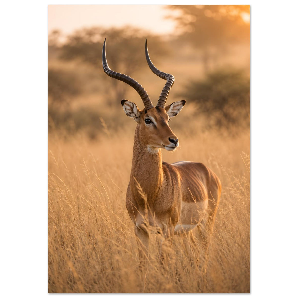 Antilope mit geschwungenen Hörnern in goldener afrikanischer Savanne – Safari Wildlife Poster