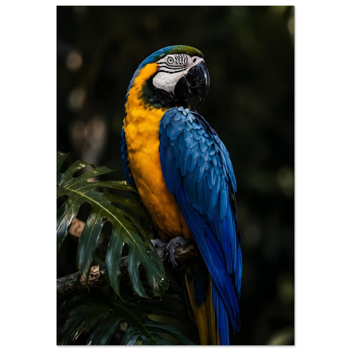 Blau-gelber Ara im tropischen Dschungel – Papagei Poster und Tropical Bird Wall Art