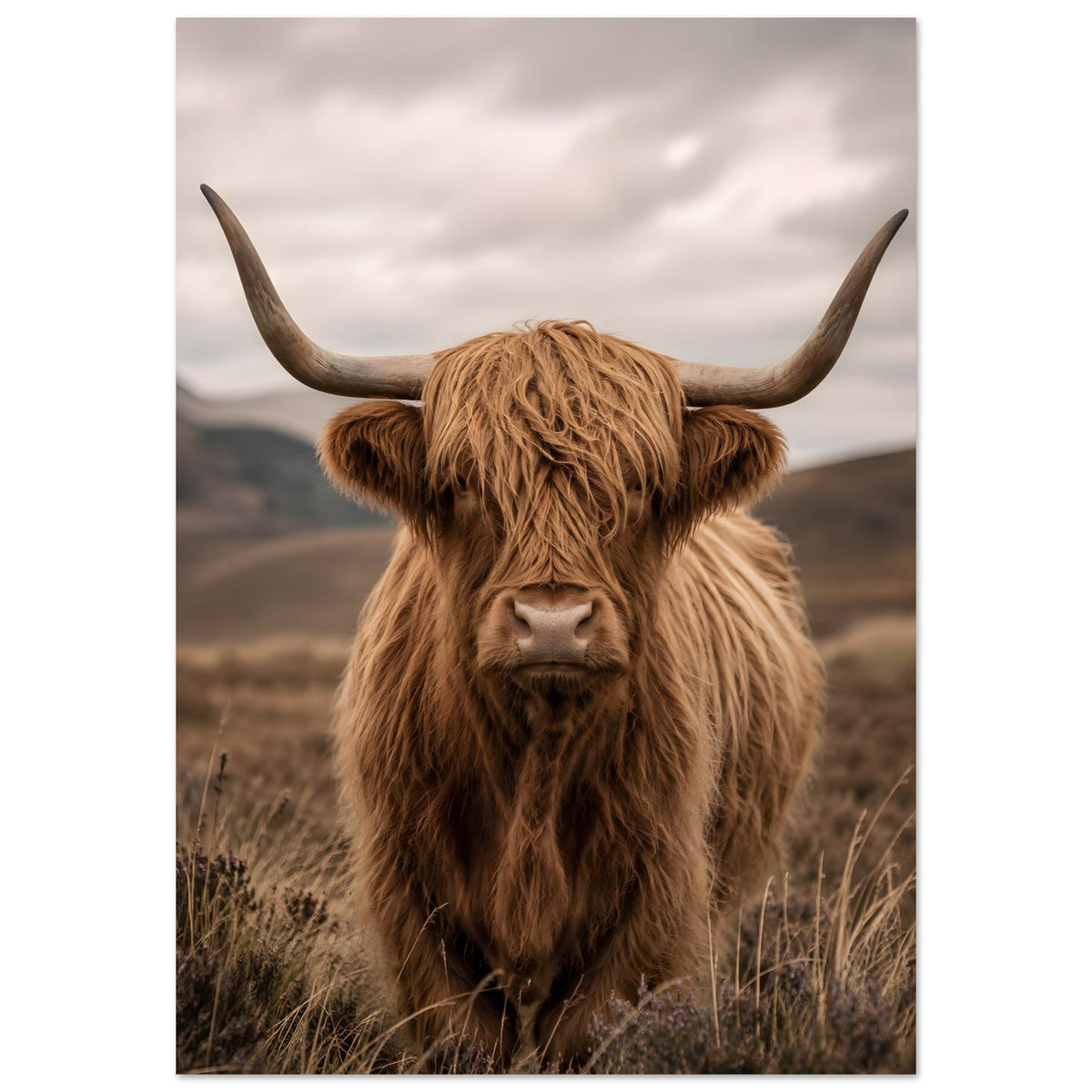 Schottisches Highland Cow mit langem braunem Fell und Hörnern – Highland Cow Poster