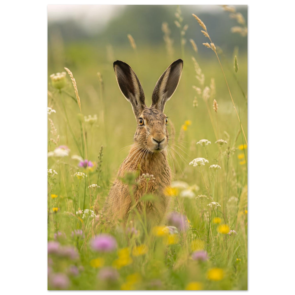 Feldhase zwischen Wildblumen auf einer grünen Sommerwiese – Hase Poster und Nature Wall Art