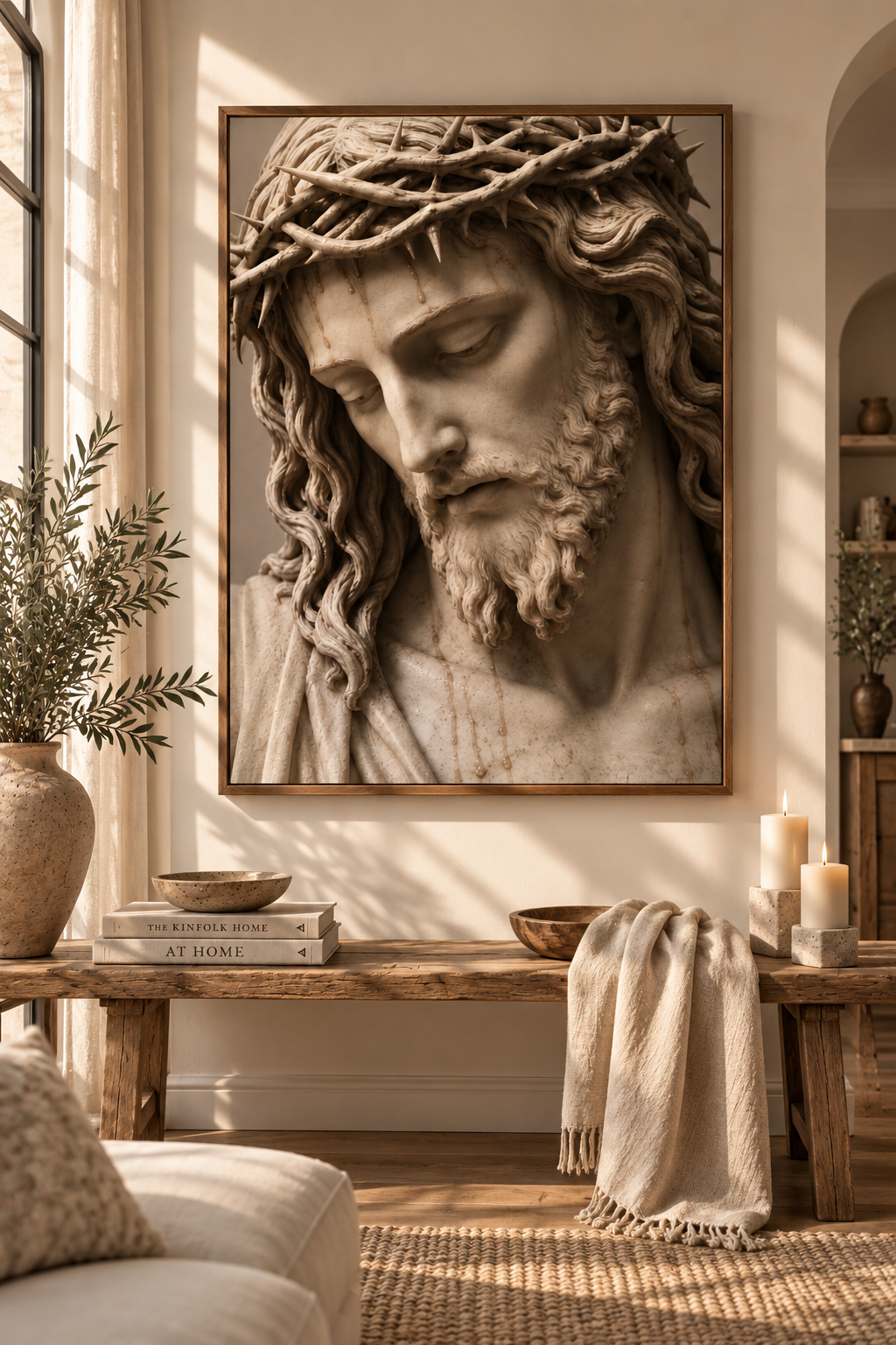 Jesus Christus mit Dornenkrone als Poster und Leinwand – christliche Wandkunst in klassischer Marmoroptik