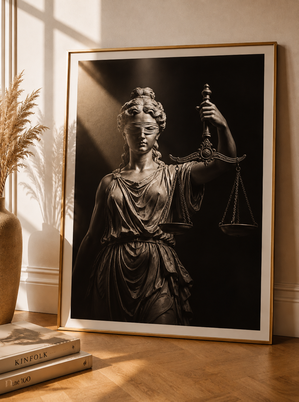 Justitia Lady Justice Poster und Leinwand mit Waage Schwert und Augenbinde – dunkle Wandkunst für Kanzlei und Büro