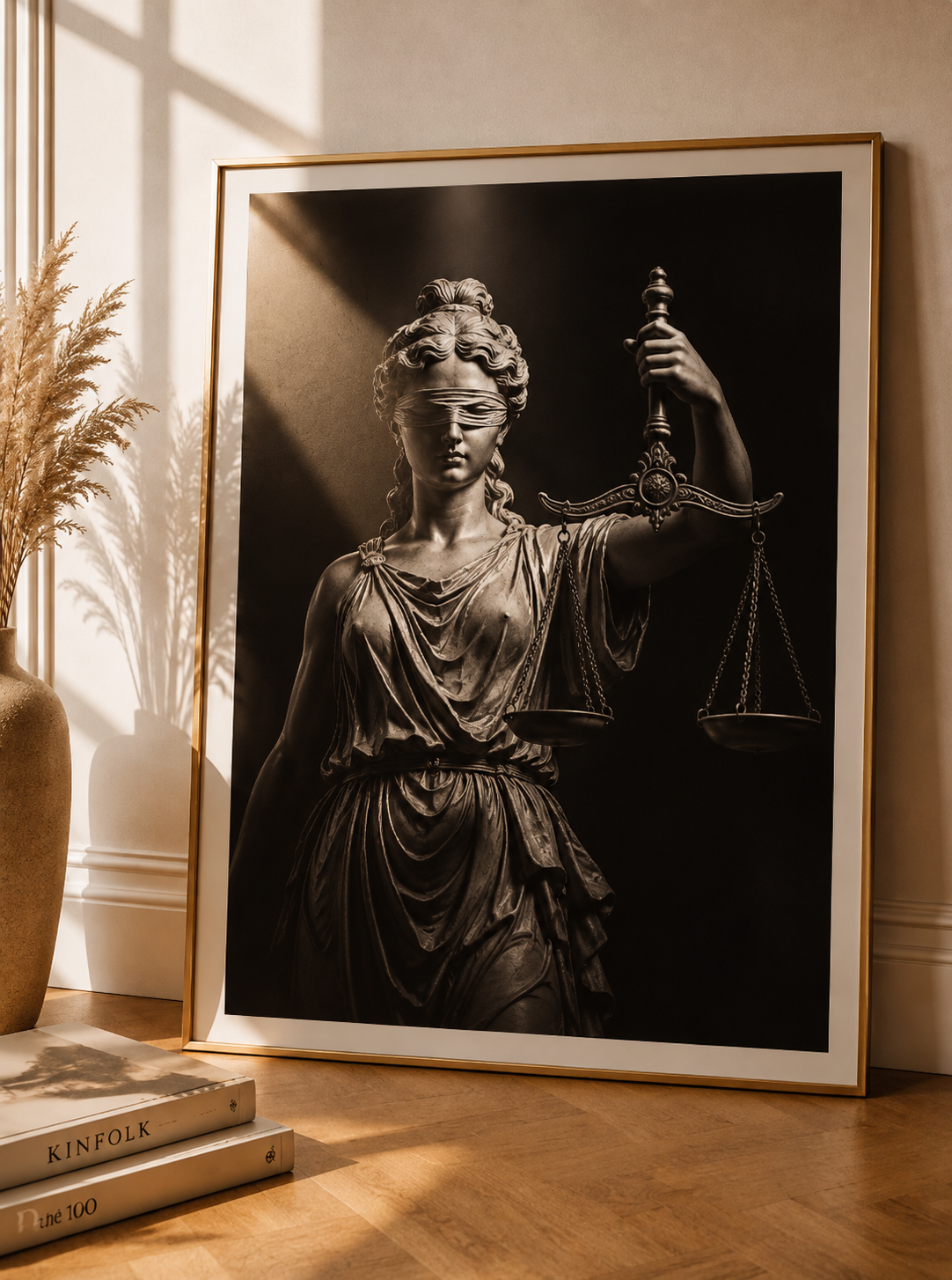 Justitia Lady Justice Poster und Leinwand mit Waage Schwert und Augenbinde – dunkle Wandkunst für Kanzlei und Büro
