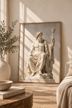 Zeus Poster und Leinwand mit sitzendem griechischen Gott – klassische Skulpturenkunst in heller Marmoroptik