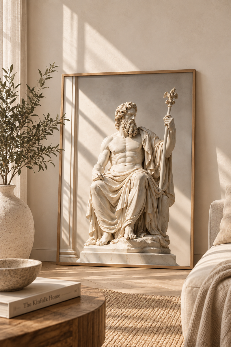 Zeus Poster und Leinwand mit sitzendem griechischen Gott – klassische Skulpturenkunst in heller Marmoroptik