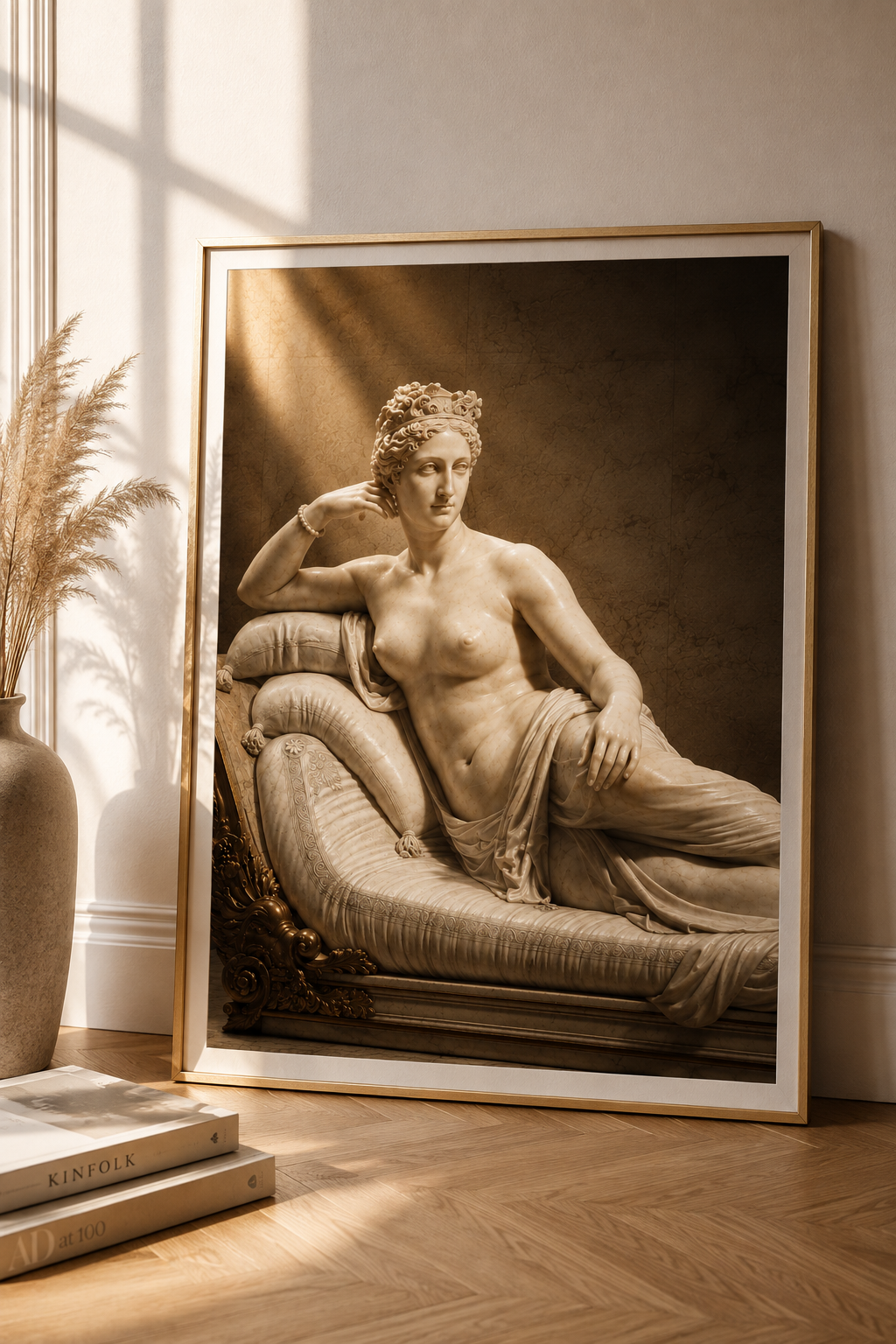 Venus Aphrodite Poster und Leinwand – liegende klassische Göttin als elegante Skulpturenkunst in warmer Marmoroptik