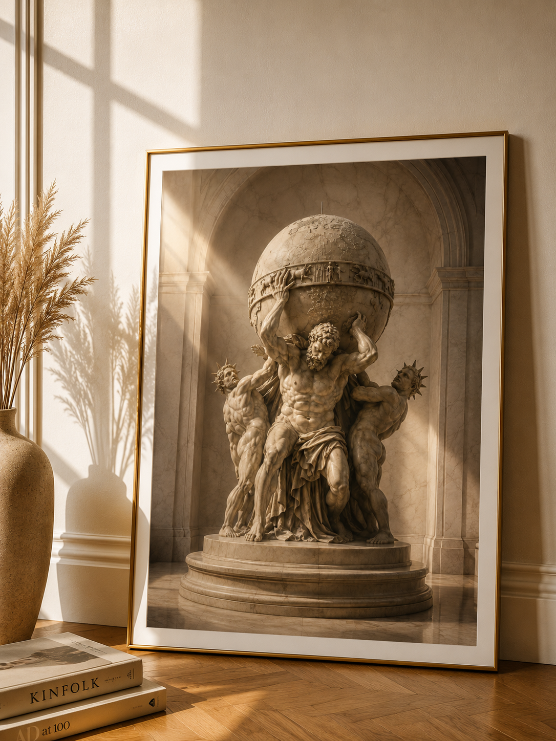 Atlas Poster und Leinwand mit Titan, der die Weltkugel trägt – griechische Mythologie und klassische Skulpturenkunst